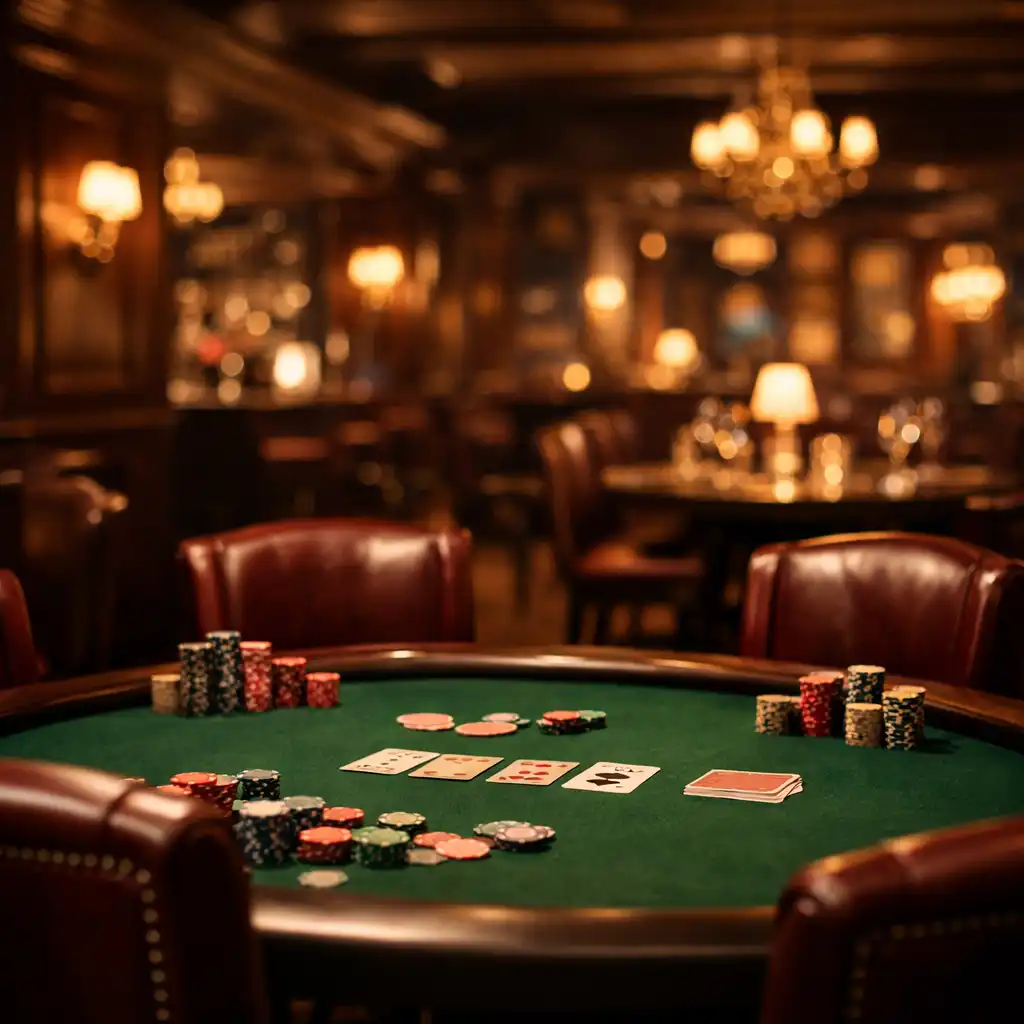 Interiér Chuto Vyraj s pokerovým stolem, teplým osvětlením a burgundskými křesly