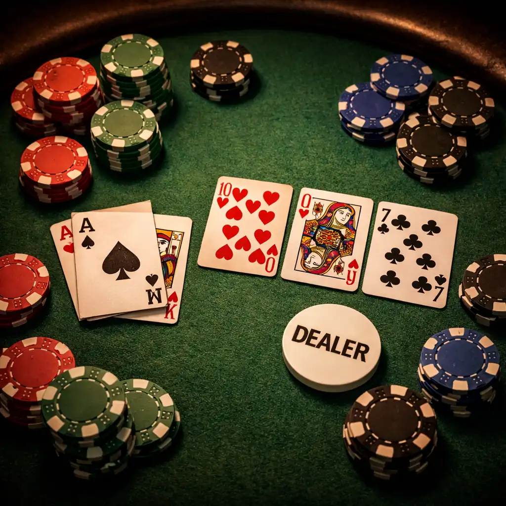 Pohled shora na pokerový stůl s kartami a žetony