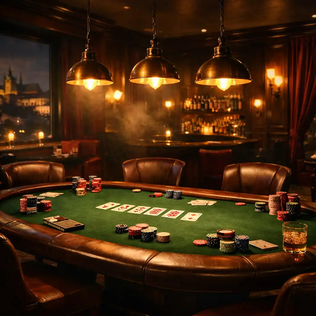 Luxusní pokerový salonek Card Lounge s tmavým dřevem, koženými křesly a teplým osvětlením