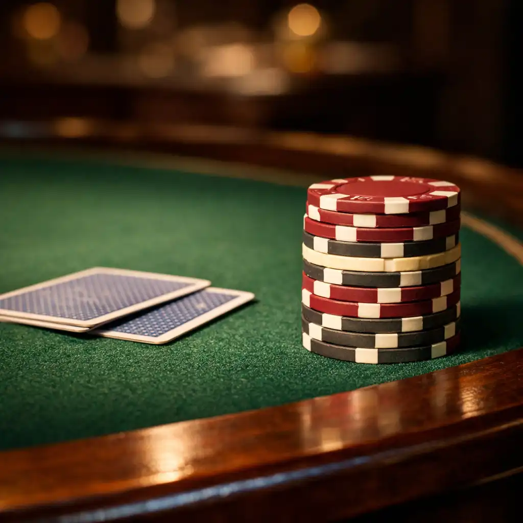Detail pokerového stolu s hromádkou žetonů a kartami na zeleném plátně