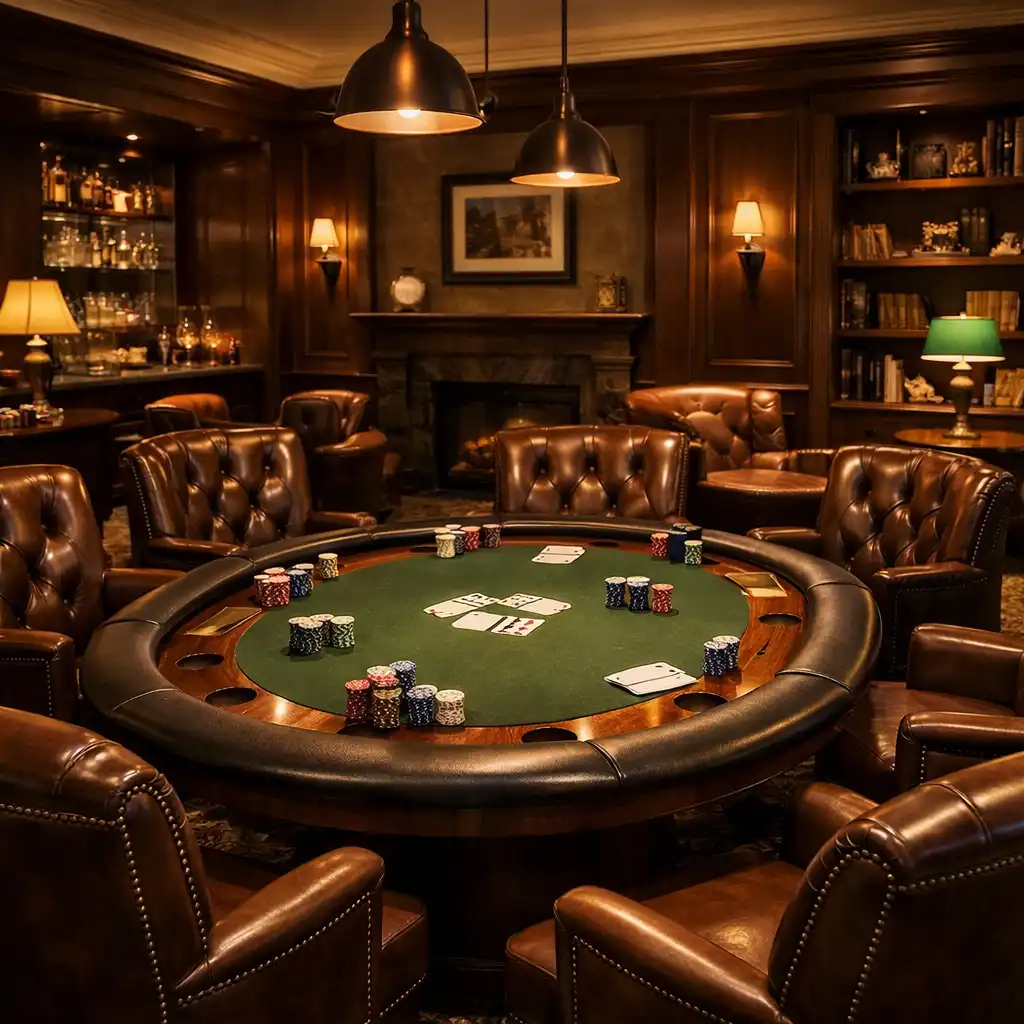 Atmosférický card lounge s profesionálním pokerovým stolem, žetony a hracími kartami