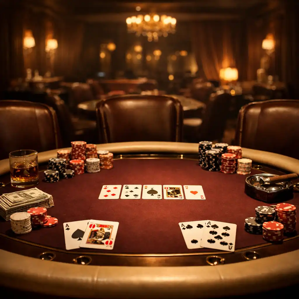 Luxusní pokerový stůl v potemnělém card lounge s teplým osvětlením a žetony