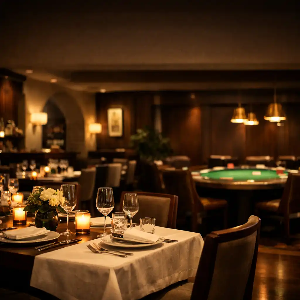 Interiér restaurace Chuto Vyraj s teplým osvětlením a náznakem pokerového stolu v pozadí