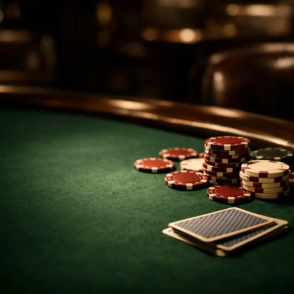 Pokerový stůl s žetony a kartami v intimním osvětlení Card Lounge Chuto Vyraj