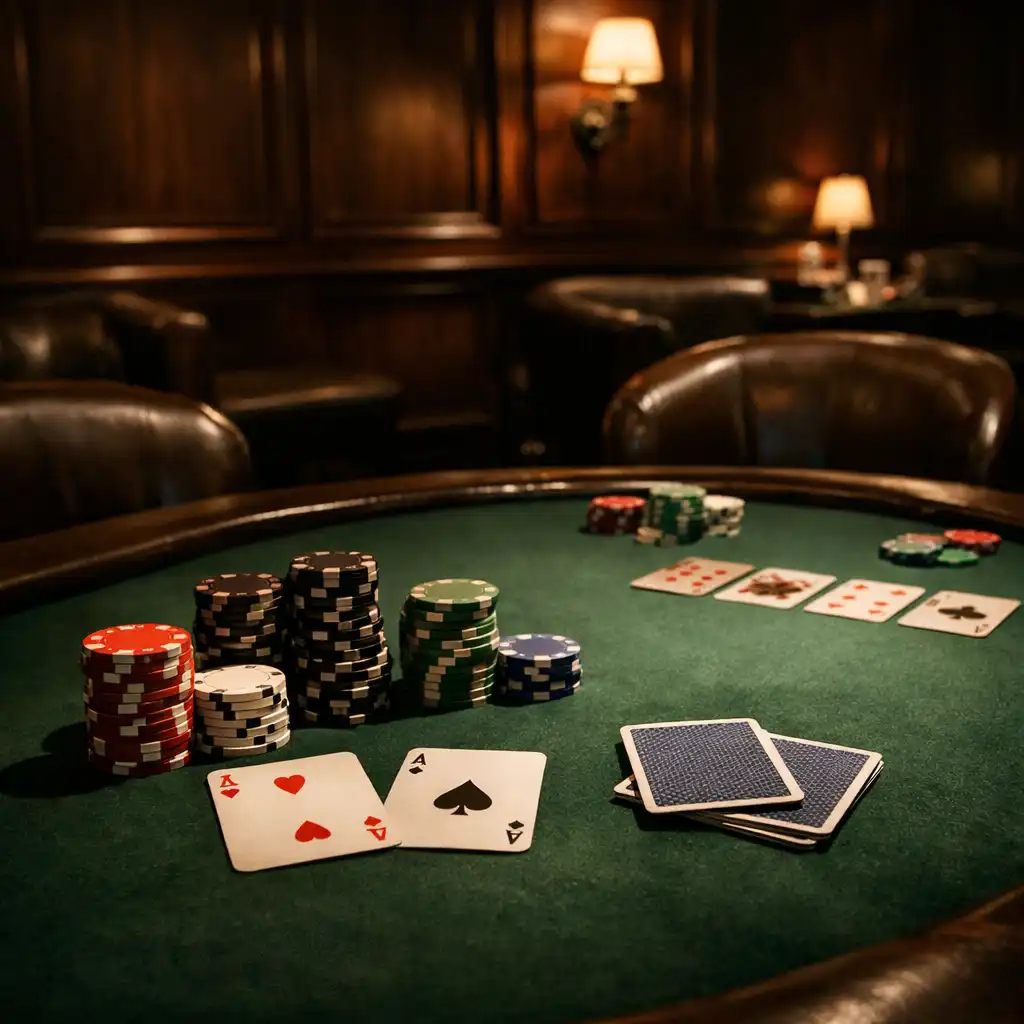 Pokerový stůl se zeleným plátnem, žetony a kartami v tlumeně osvětleném salonku
