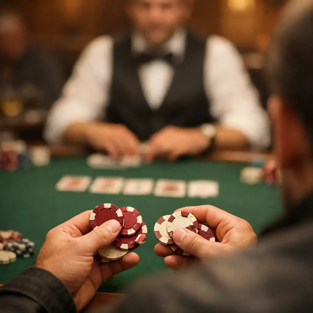 Hráč drží pokerové žetony u stolu v Card Lounge Chuto Vyraj
