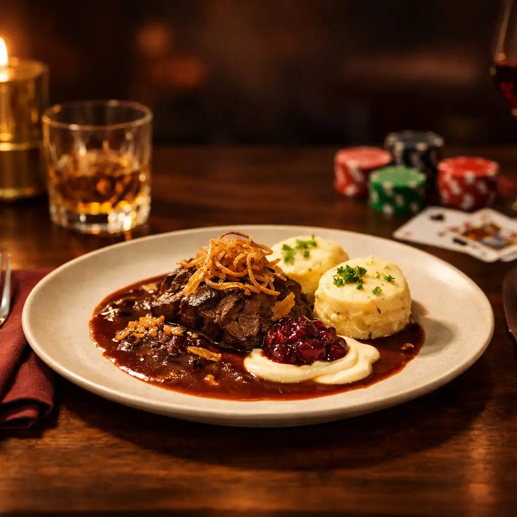 Elegantně prostřený stůl v restauraci Chuto Vyraj s moderním českým pokrmem a jemnými pokerovými motivy v pozadí
